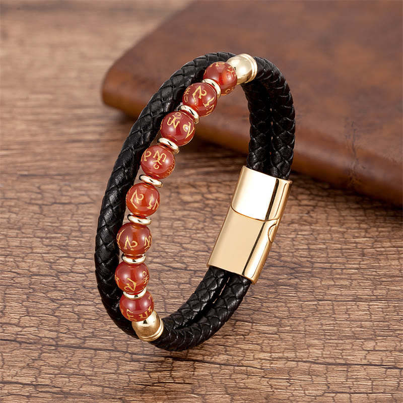 Black Onyx Turquoise Tiger Eye Red Agate Om Mani Padme Hum Strength Leather Bracelet