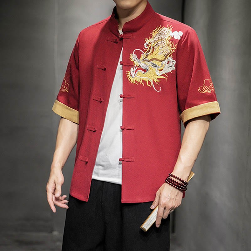 Frog-Button Chinese Dragon Auspicious Cloud Embroidery Half Sleeve Shirt Cotton Linen Men Clothing