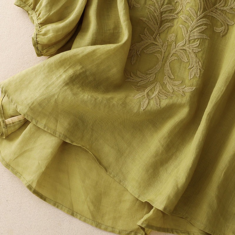 Vintage Casual Pure Leaf Embroidery V-Neck Half Sleeve Cotton Linen Women's T-Shirt