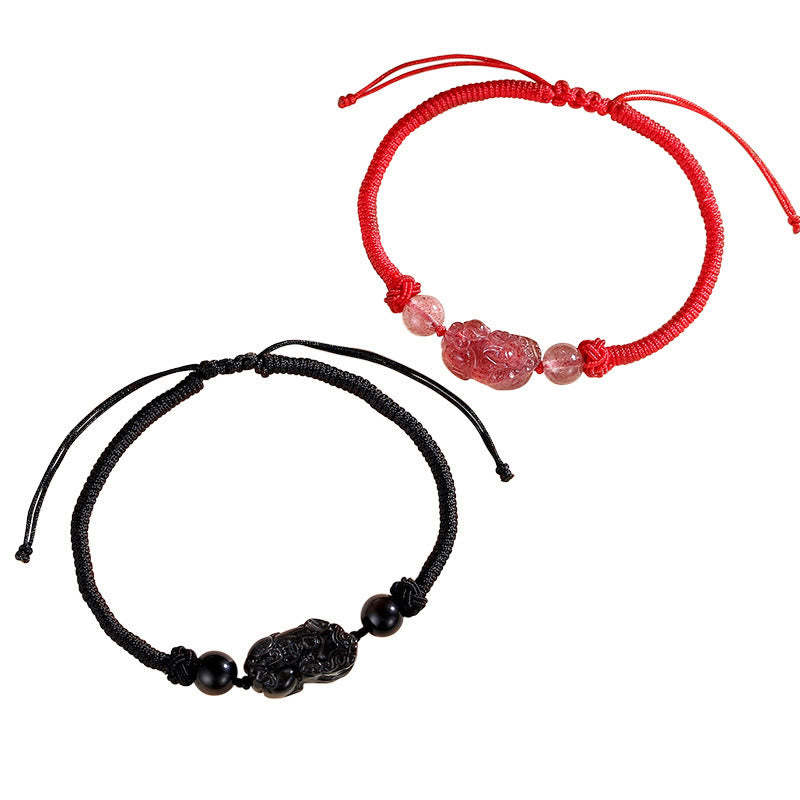 Handmade Natural Silver Sheen Obsidian Strawberry Quartz PiXiu Protection Braided Bracelet