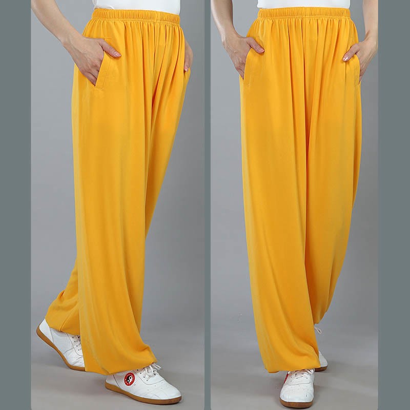Summer Unisex Elastic Waist Tai Chi Kung Fu Qigong Practice Cotton Breathable Pants With Pockets