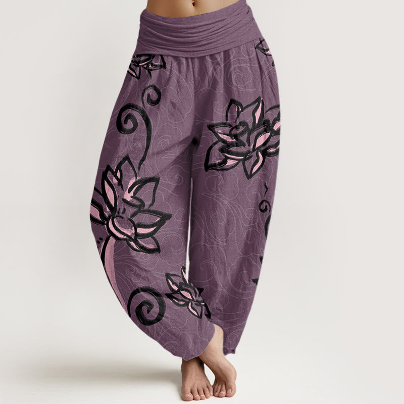 Casual Lotus Auspicious Clouds Design Women's Elastic Waist Harem Pants