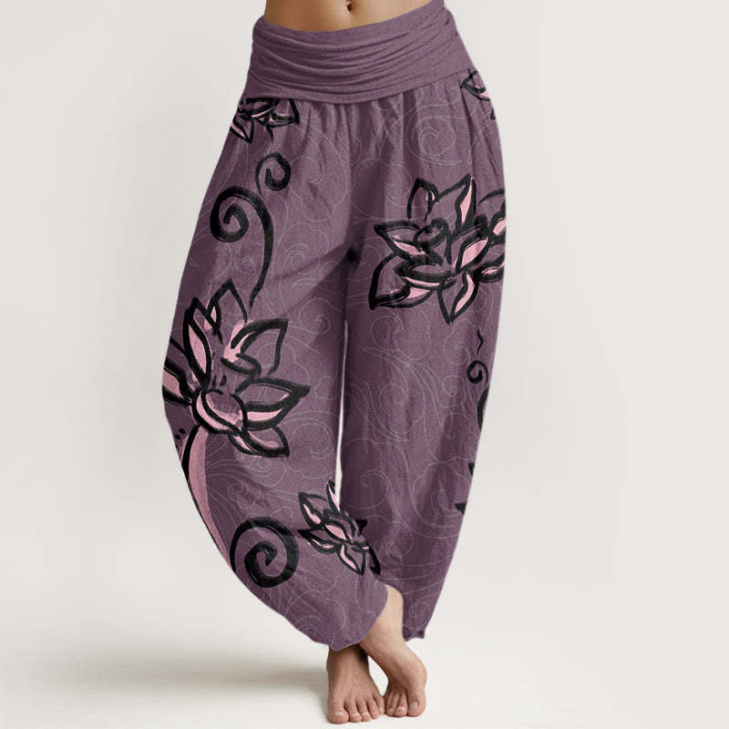Casual Lotus Auspicious Clouds Design Women's Elastic Waist Harem Pants