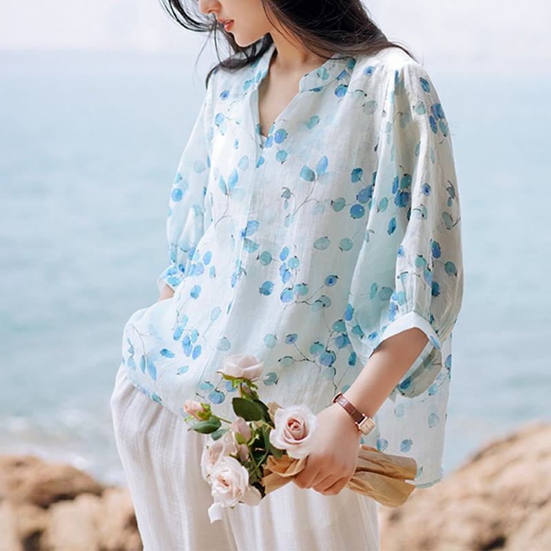 Fruits Leaves Pattern Lantern Sleeve Top Loose Tee T-shirt
