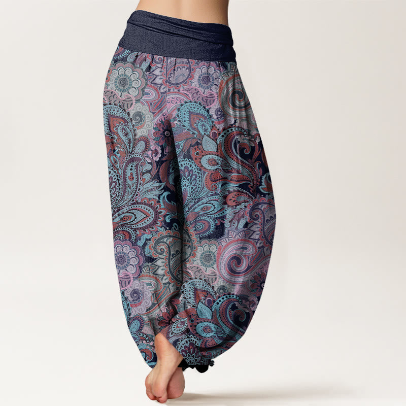 Colorful Cashew Flower Pattern Design Women's Elastic Waist Harem Pants