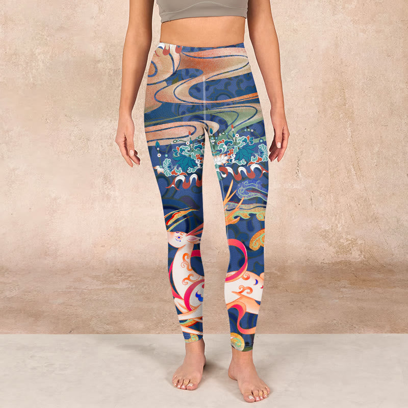 Deer Auspicious Clouds Lotus Gym Leggings Women's Yoga Pants
