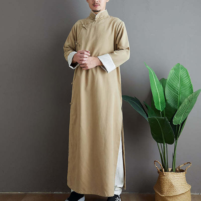 Fall Solid Color Chinese Frog-Button Cotton Men's Tang Suit Robe