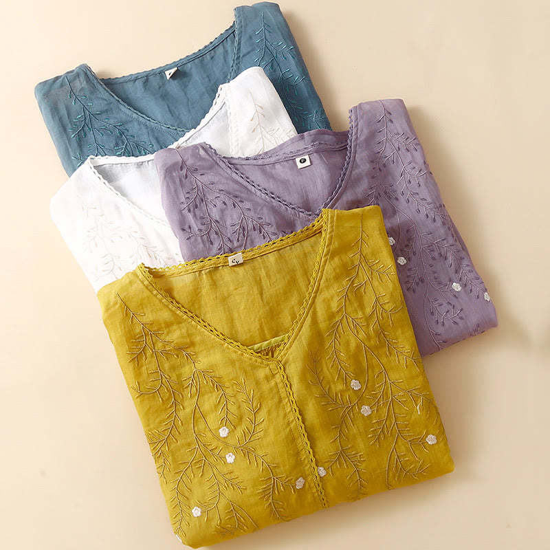 Summer Casual Flower Branches Embroidered Pattern V-Neck Half Sleeve Cotton Linen Women's T-shirt