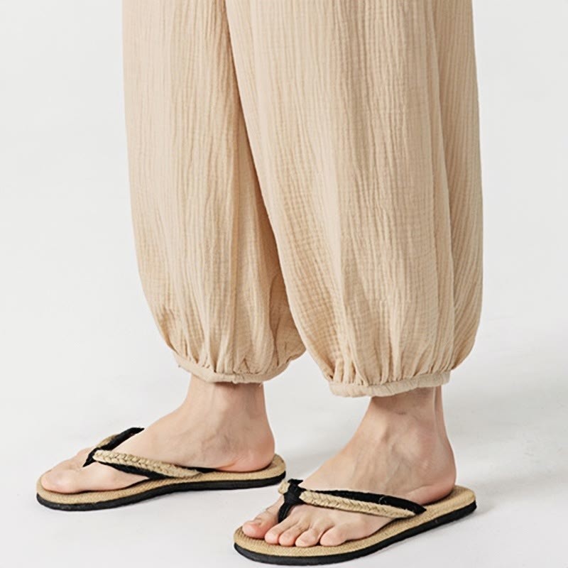 Soft Solid Color Drawstring Cotton Men's Pants With Pockets