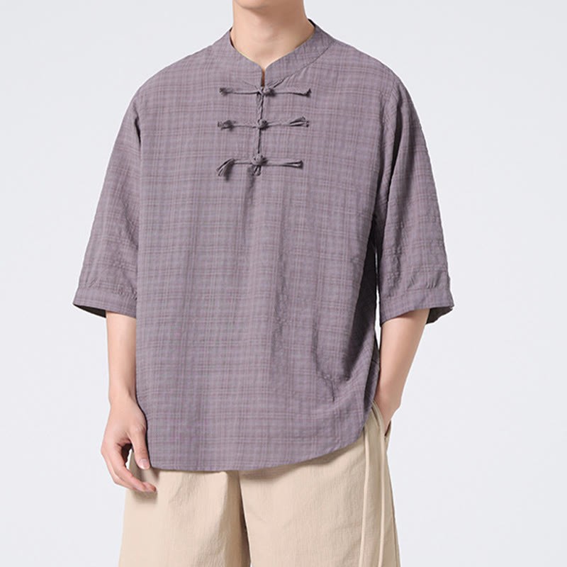 Frog-Button Plaid Pattern Chinese Tang Suit Half Sleeve Shirt Cotton Linen Men Clothing