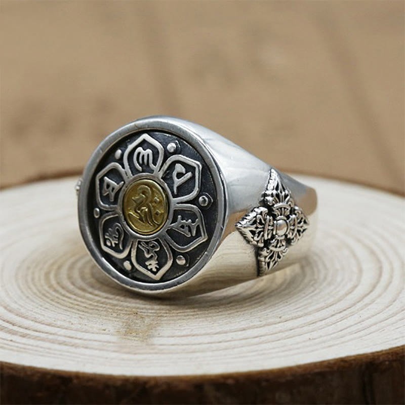 Tibetan Om Mani Padme Hum Vajra Pattern Copper Focus Rotatable Ring