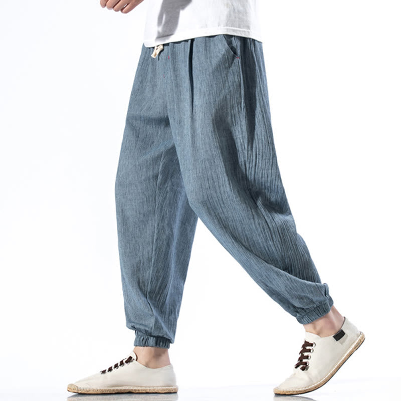 Casual Solid Color Drawstring Linen Men's Pants With Pockets