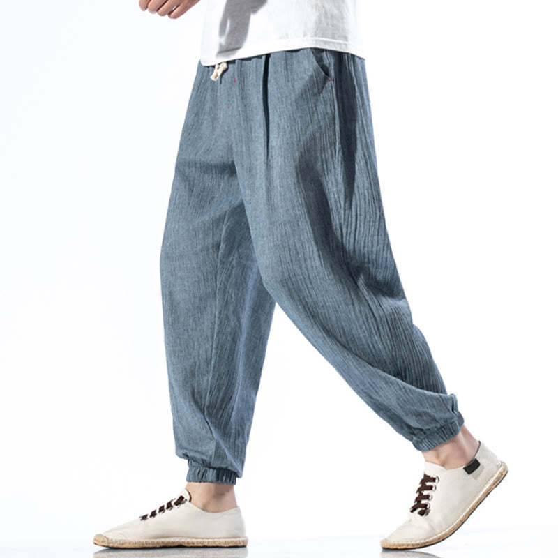 Casual Solid Color Drawstring Linen Men's Pants With Pockets