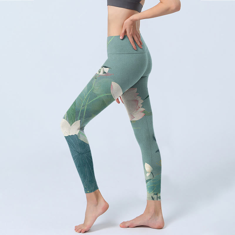 Lotus Leaf Bird Print Gym Leggings Women's Yoga Pants