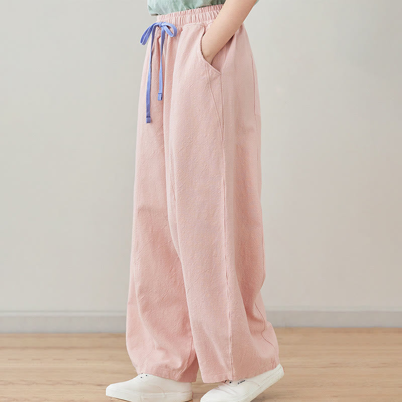 Casual Plain Loose Rope Women's Cotton Linen Pants With Pockets