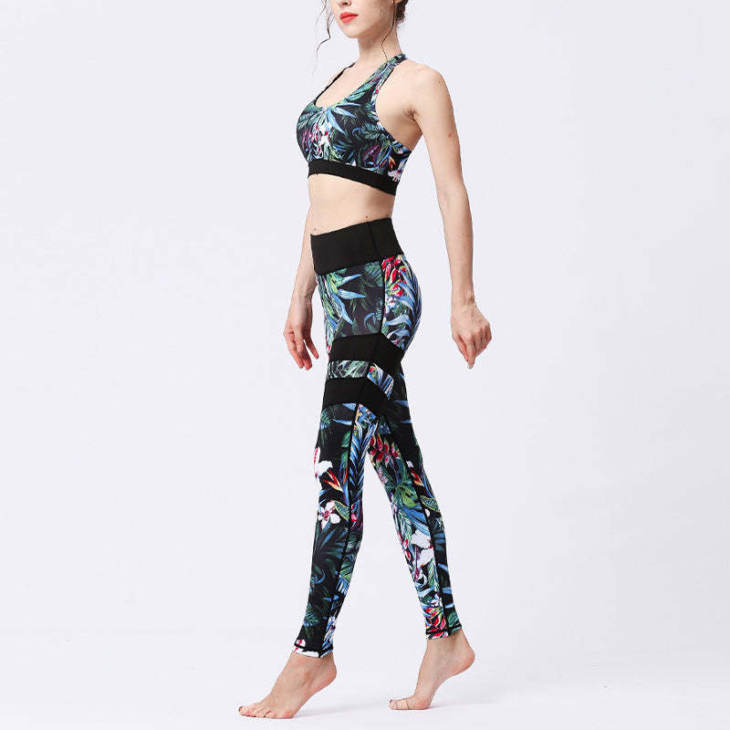 2Pcs Sunflower Flowers Leaves Print Top Pants Sports Fitness Yoga Women's Yoga Sets