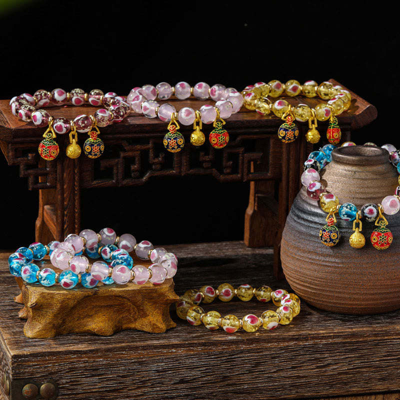 Gold Swallowing Beast Family Pink Love Heart Luminous Fluorescent Liuli Glass Bead Bracelet