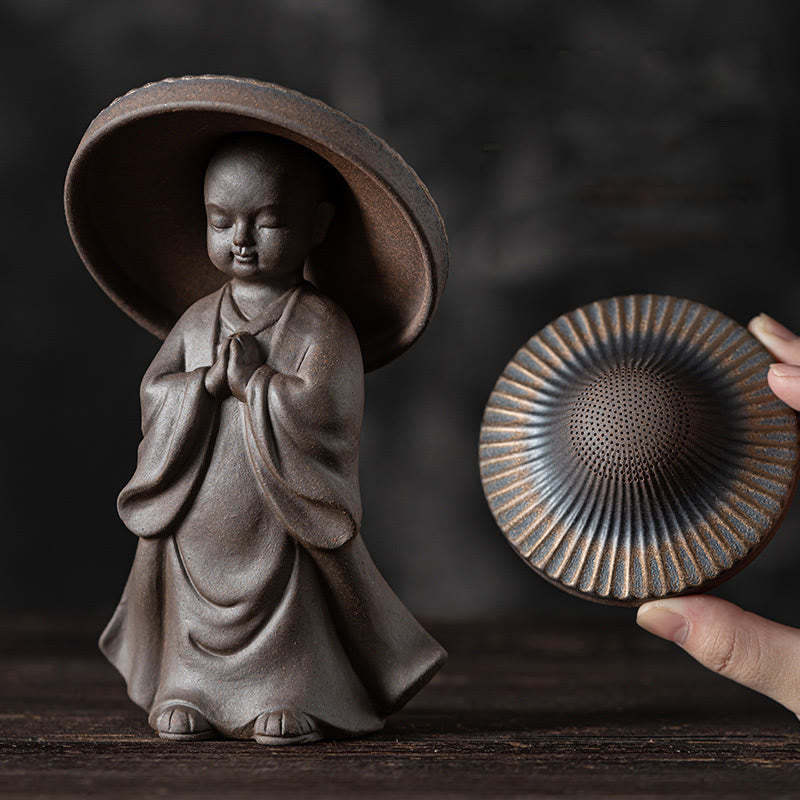 Little Brown Monk Hat Strainer Ceramic Tea Accessories Figurine Zen Home Desk Decoration