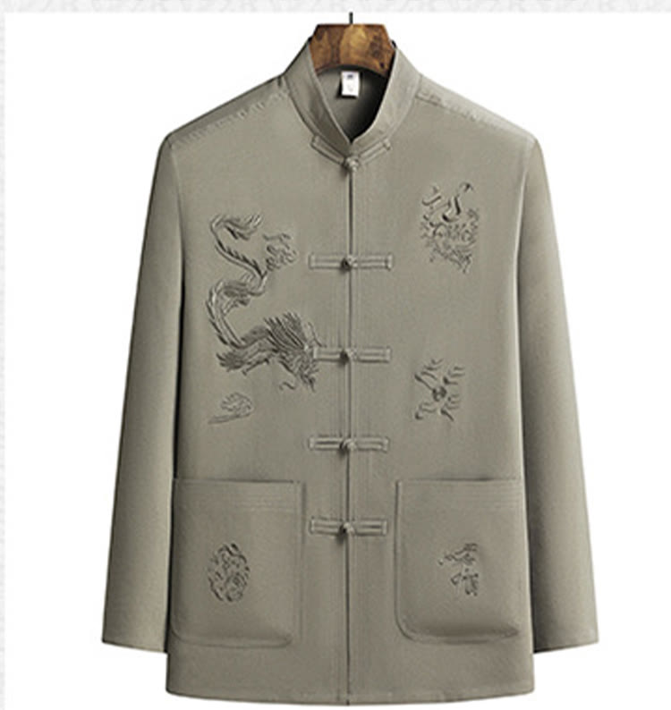 Chinese New Year Embroidered Dragon Frog-button Tang Suit Hanfu Long Sleeve Top Pants Clothing Men's Set