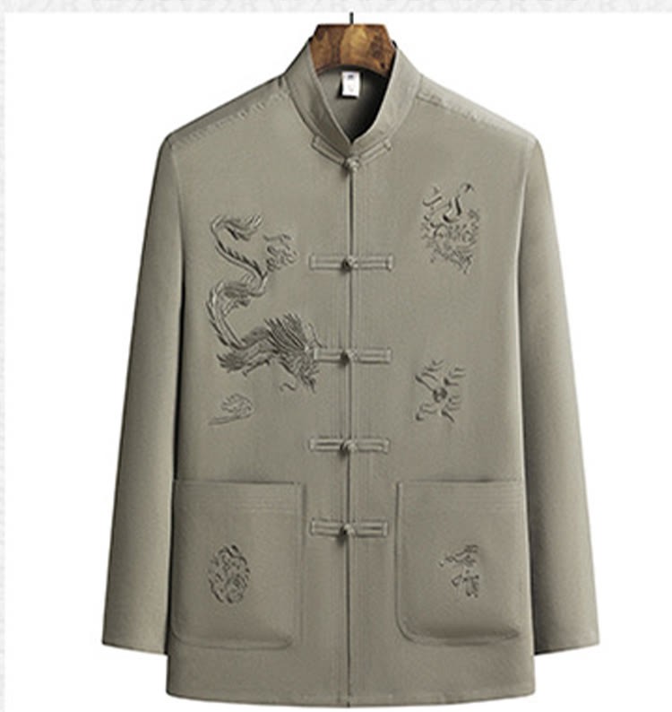 Chinese New Year Embroidered Dragon Frog-button Tang Suit Hanfu Long Sleeve Top Pants Clothing Men's Set