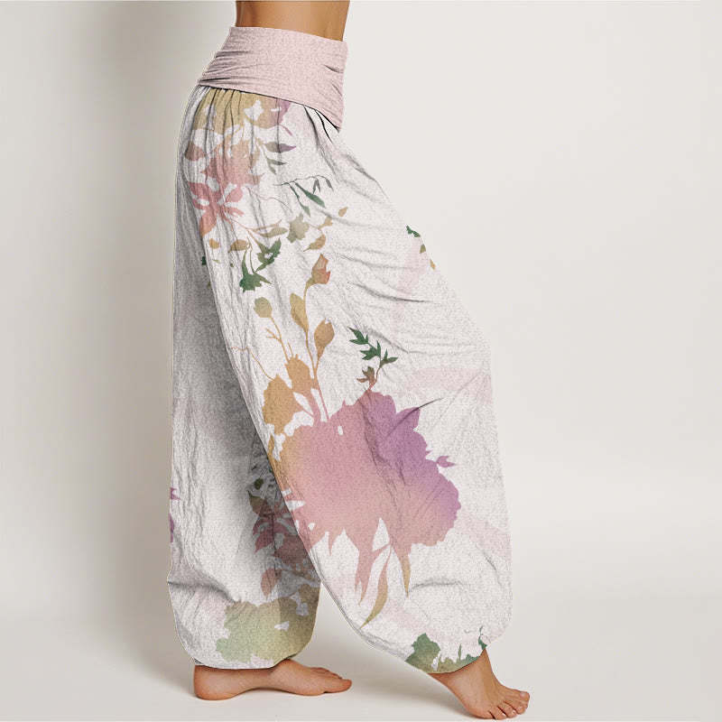 Abstract Floral Paintings Ribbon Design Women's Elastic Waist Harem Pants