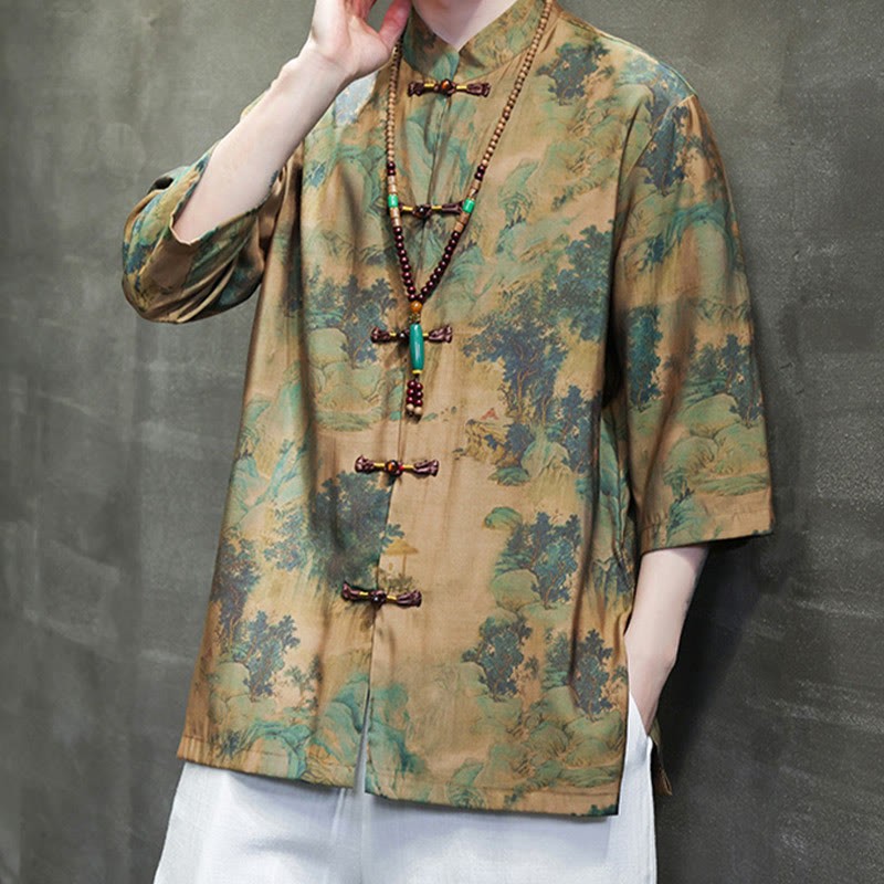 Landscape Chinese Dragon Pattern Chinese Three Quarter Sleeve Shirt Men T-shirt