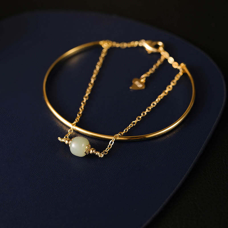Copper Plated Gold Hetian Jade Bead Luck Double Layer Bracelet Bangle