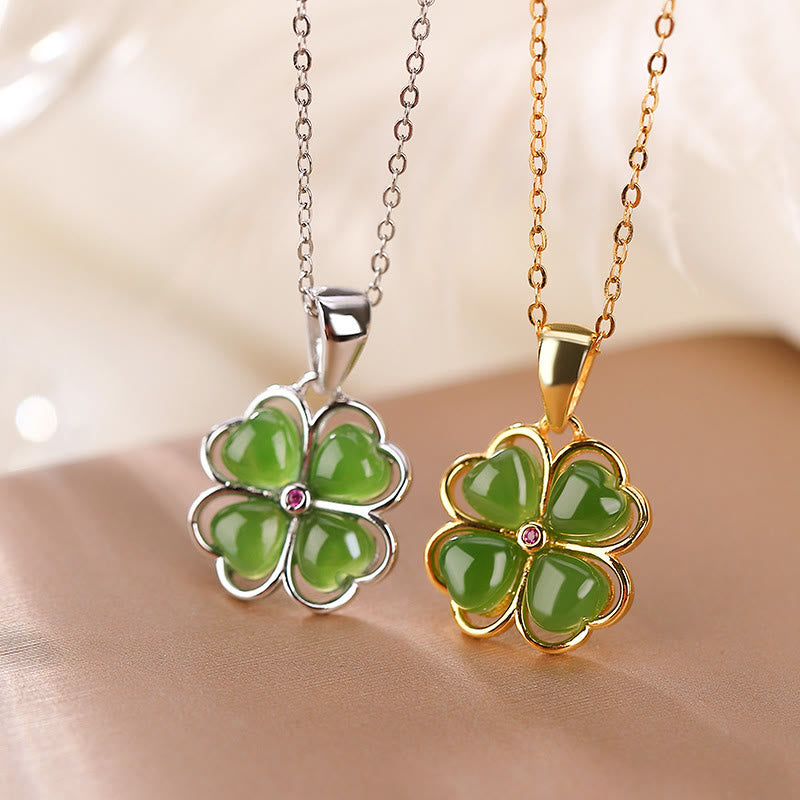 925 Sterling Silver Hetian Cyan Jade Lucky Four Leaf Clover Healing Necklace Pendant