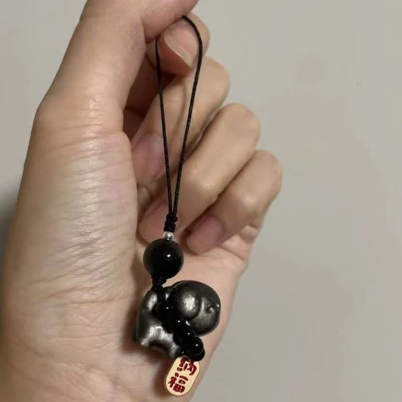 mystic zen Stone Silver Sheen Obsidian Puppy Dog Fu Character Protection Necklace Phone Hanging Decoration