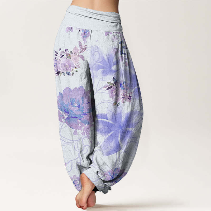 Various Flowers Leaves Pattern Women's Elastic Waist Harem Pants