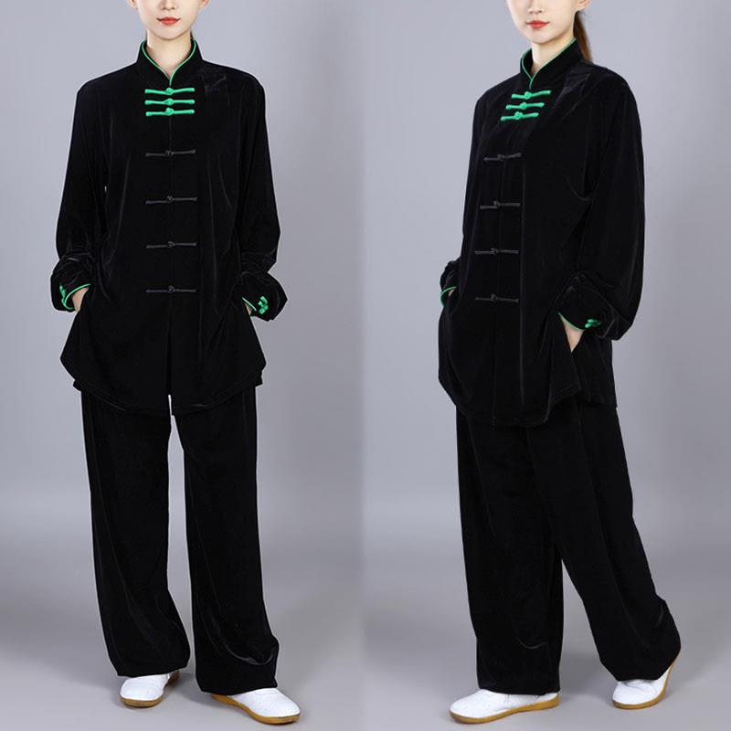 2Pcs Fall Winter Tai Chi Qigong Practice Unisex Frog-Button Meditation Velour Clothing Set