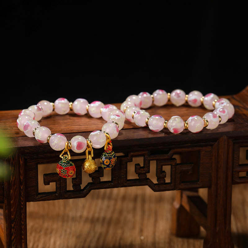 Gold Swallowing Beast Family Charm Luminous Pink Love Heart Fluorescent Liuli Glass Bead Blessings Bracelet