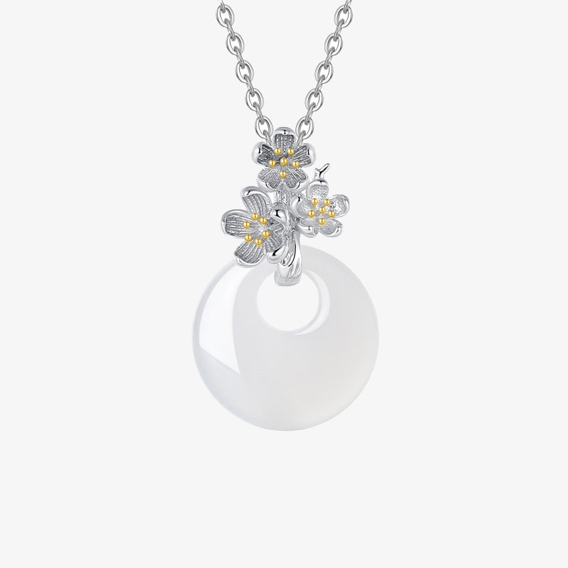 925 Sterling Silver Round Chalcedony Twelve Months Flower Harmony Necklace Pendant