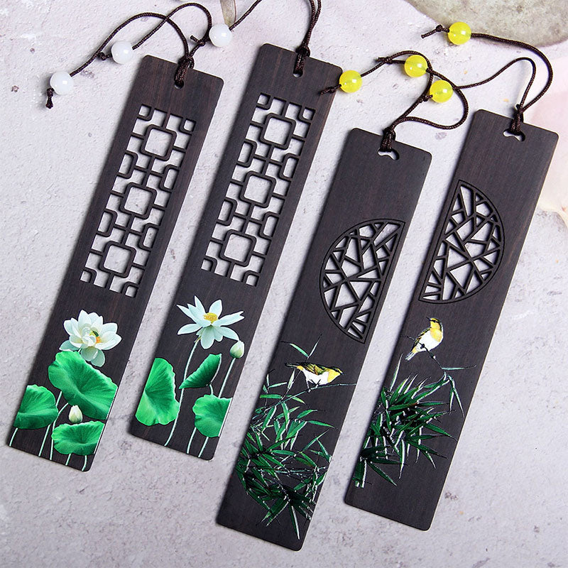 Green Lotus Bamboo Oriole Ebony Wood Bookmarks With Gift Box