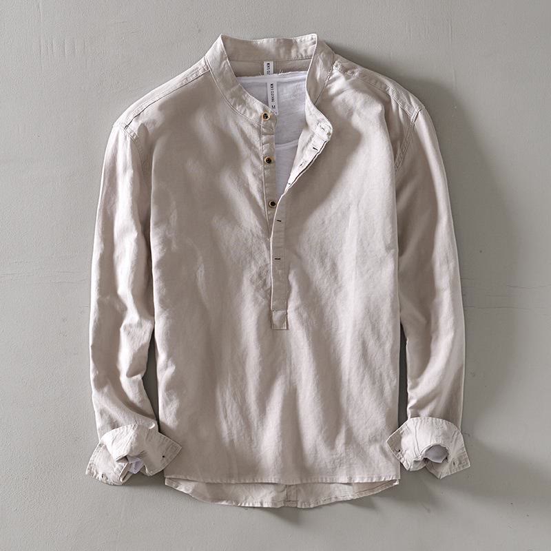 Solid Color Long Sleeve Half Button Shirt Cotton Linen Men Clothing