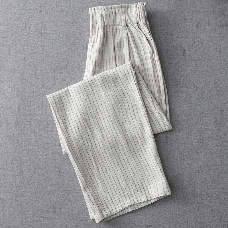 Vertical Striped Cotton Linen High Waist Wide Leg Pants With Pockets