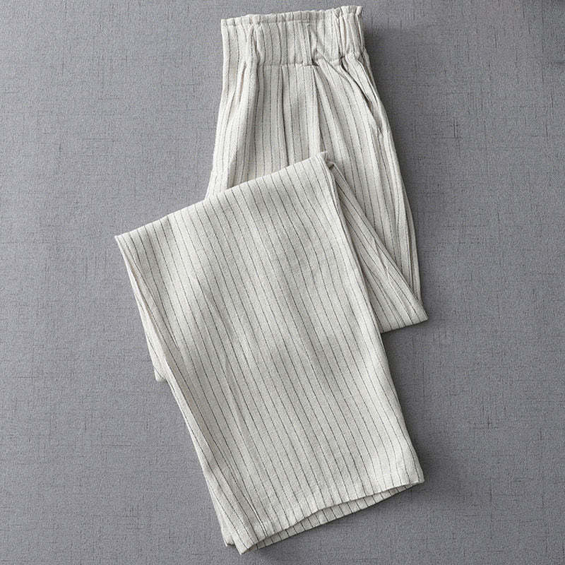 Vertical Striped Cotton Linen High Waist Wide Leg Pants With Pockets