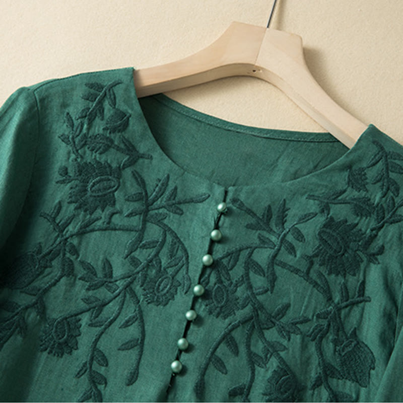 Casual Embroidery Flowers Leaves Women's Crew Neck Design Long Sleeve Cotton Linen Shirt