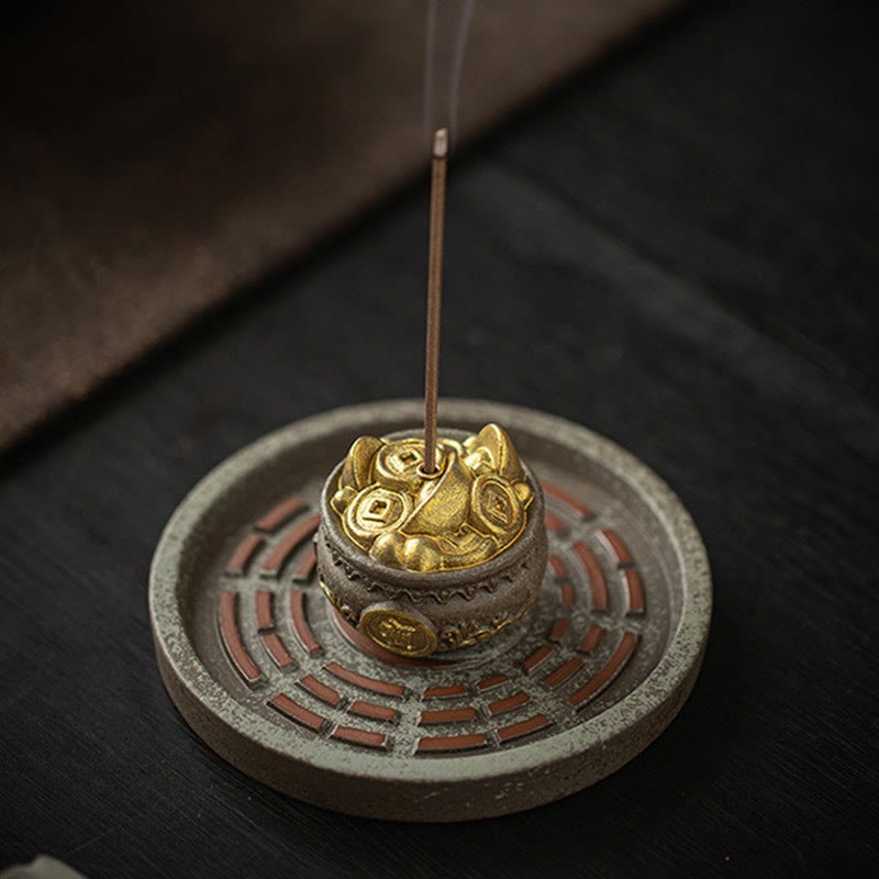 Small Treasure Bowl Lucky Bag Bagua Tray Healing Ceramic Stick Incense Burner Decoration