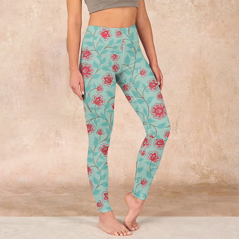 Vine Leaves Blossom Print Gym Leggings Women's Yoga Pants