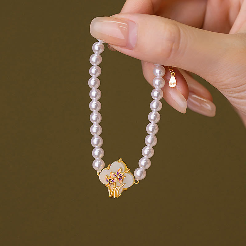 925 Sterling Silver Hetian Jade Orchid Four Leaf Clover Fu Character Pearl Luck Necklace Pendant Bracelet Set