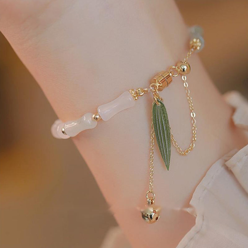 14K Gold Plated Hetian White Jade Bamboo Leaf Luck Protection Bracelet