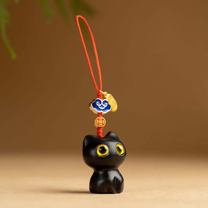 Small Leaf Red Sandalwood Ebony Wood Lucky Cat Protection Key Chain Phone Hanging Decoration