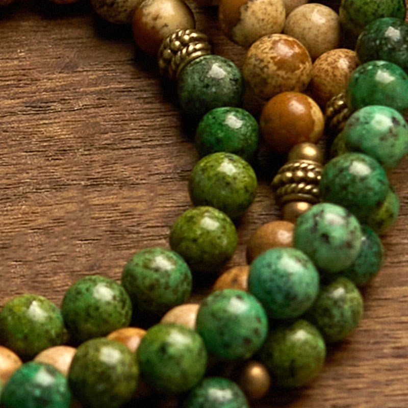 108 Mala Beads Natural Stone Picture Jasper Turquoise Lotus Positive Bracelet