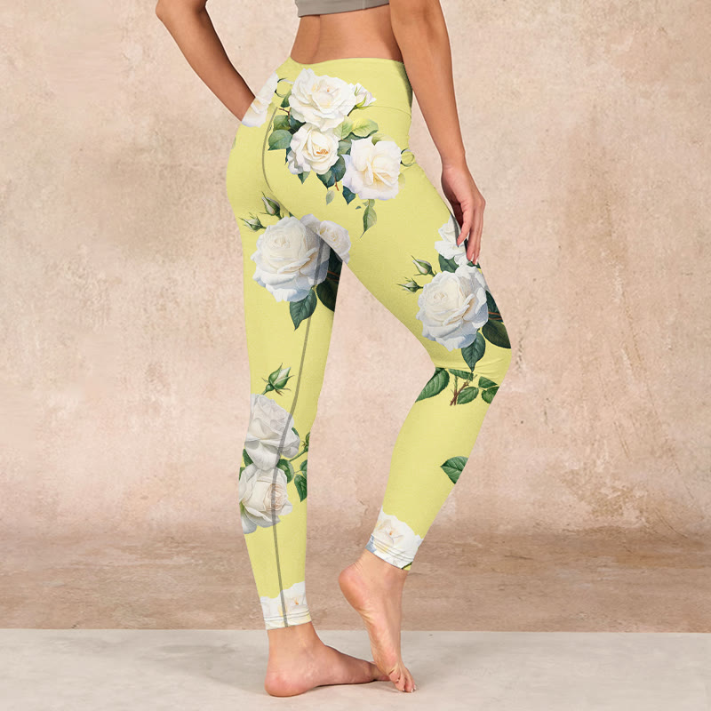 Yellow White Rose Print Sports Leggings Women's Yoga Pants