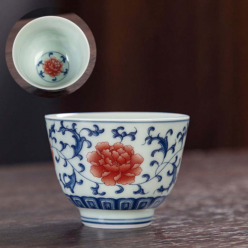 Blue Landscape Mountains Lotus Cute Cat Pavilions Magnolia Reed Egrets Ceramic Teacup Small Kung Fu Tea Cup