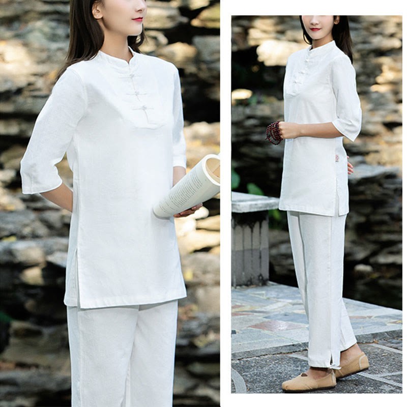 2Pcs Half Sleeve Shirt Top Pants Meditation Zen Tai Chi Cotton Linen Clothing Women's Set