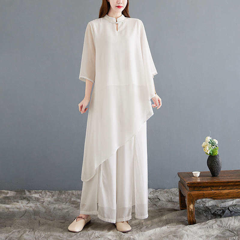 2Pcs Three Quarter Sleeve Irregular Design Shirt Wide Leg Pants Meditation Chiffon Women's Set