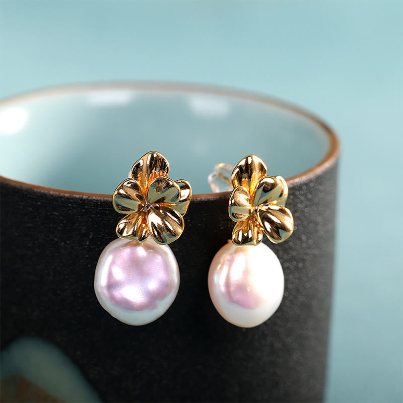 925 Sterling Silver Natural Baroque Pearl Flower Healing Drop Earrings