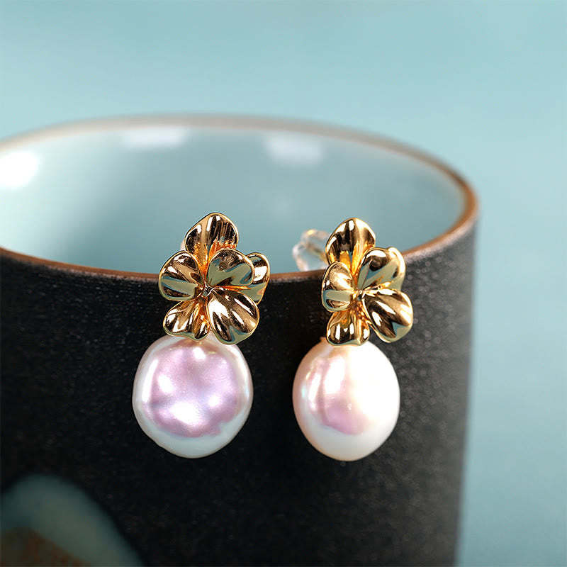 925 Sterling Silver Natural Baroque Pearl Flower Healing Drop Earrings